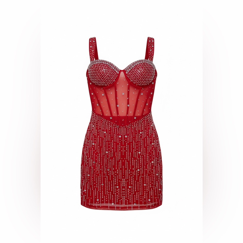 Women’s Mini Red Dress Sheer Rhinestone Sleeveless Bodycon Wide Strap Size S